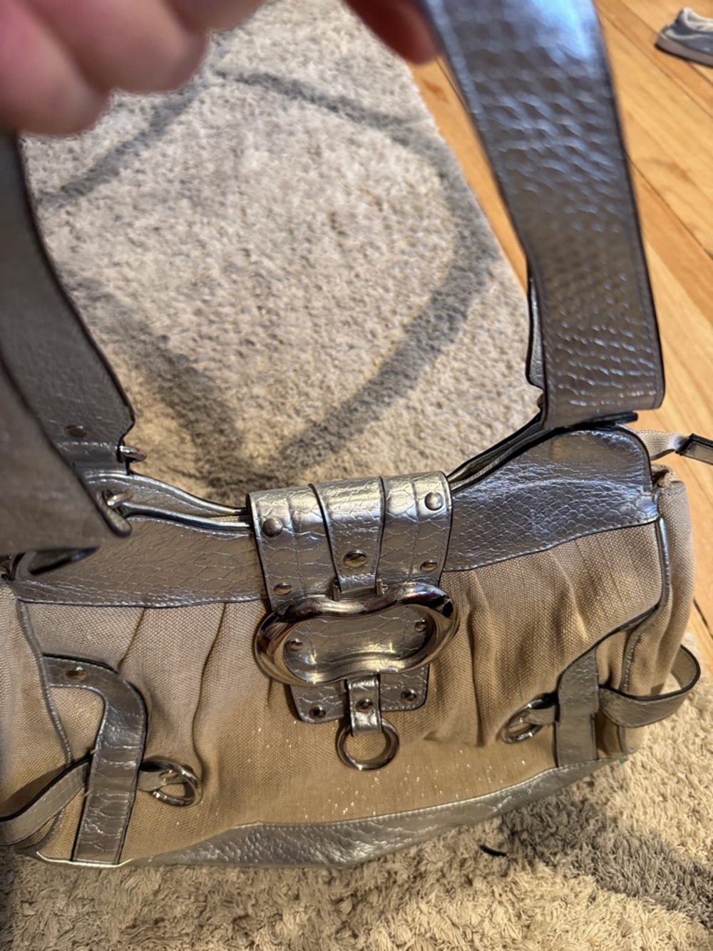 Unbranded Metallic Taupe Canvas Messenger Bag with Decorative Hardware